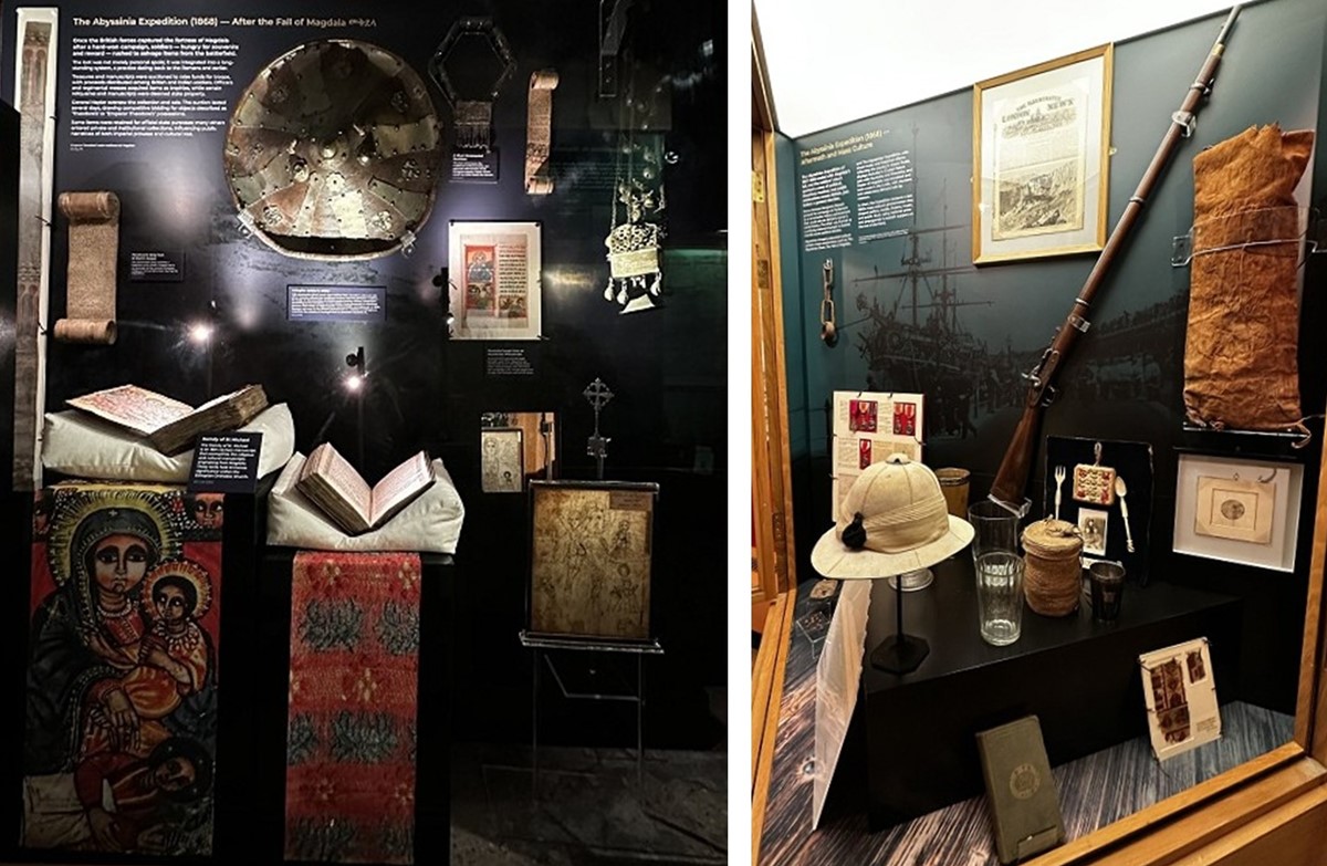 Photos of museum display cases with many objects and information panels: the text is reproduced on this webpage above the image.